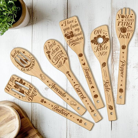 CUTHOLLOW 6PCS Vegetables Wooden Kitchen Cooking Utensil Set, 11.9in Non Toxic Bamboo Wood Spoon Set for Cooking, Best Housewarming Birthday Thanksgiving Christmas Gift for Women Mother
