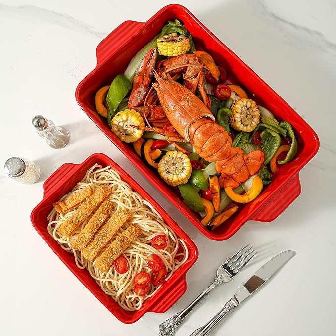 Ceramic Baking Casserole Dish with Handles, Large 9x13 inch Pan and Middle Baking Pan - Porcelain Serving Bakeware Set (Vintage Red) - Image 5