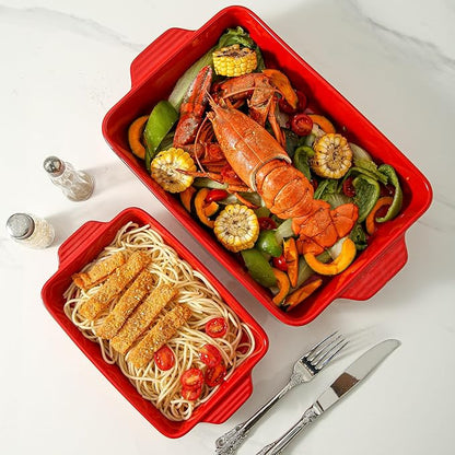 Ceramic Baking Casserole Dish with Handles, Large 9x13 inch Pan and Middle Baking Pan - Porcelain Serving Bakeware Set (Vintage Red) - Image 5