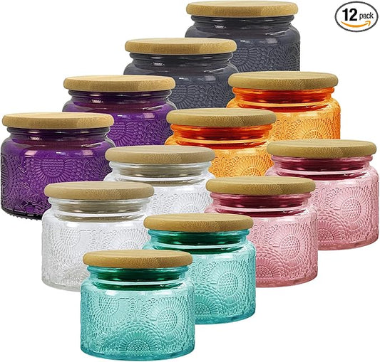 4 oz Colored Mini Glass Jars with Airtight Bamboo Lids 12 pack, Decorative Small Food Storage Canister, Vintage Embossed Home Décor Candle Parties Wedding Baby Shower Favors Gift