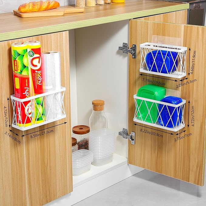 YIGII 3 Pack Adhesive Cabinet Door Organizer - Lid Storage Organizer for Tupperware, Wall Mounted Pantry Door Organizer Kitchen RV Storage Wall Under Sink Basket Slim Space, White Stainless Steel - Image 4