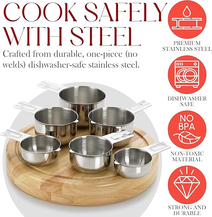Bellemain One-Piece Stainless Steel Measuring Cups Set of 6 – Nesting Metal Measuring Cups for Kitchen – Dry & Liquid Measurements (ML & OZ), Rust-Resistant, Dishwasher Safe, Ergonomic Design - Image 4
