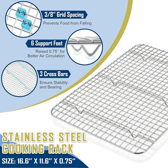 17.5 Inch Baking Sheet Pan with Cooling Rack Set, Joyfair Stainless Steel Toaster Oven Tray Pans with Grid Racks, Rectangular Bakeware for Cookie/Bacon, Heavy Duty & Rust-free, Dishwasher Safe