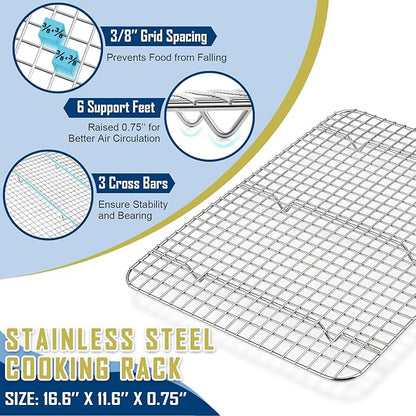 17.5 Inch Baking Sheet Pan with Cooling Rack Set, Joyfair Stainless Steel Toaster Oven Tray Pans with Grid Racks, Rectangular Bakeware for Cookie/Bacon, Heavy Duty & Rust-free, Dishwasher Safe