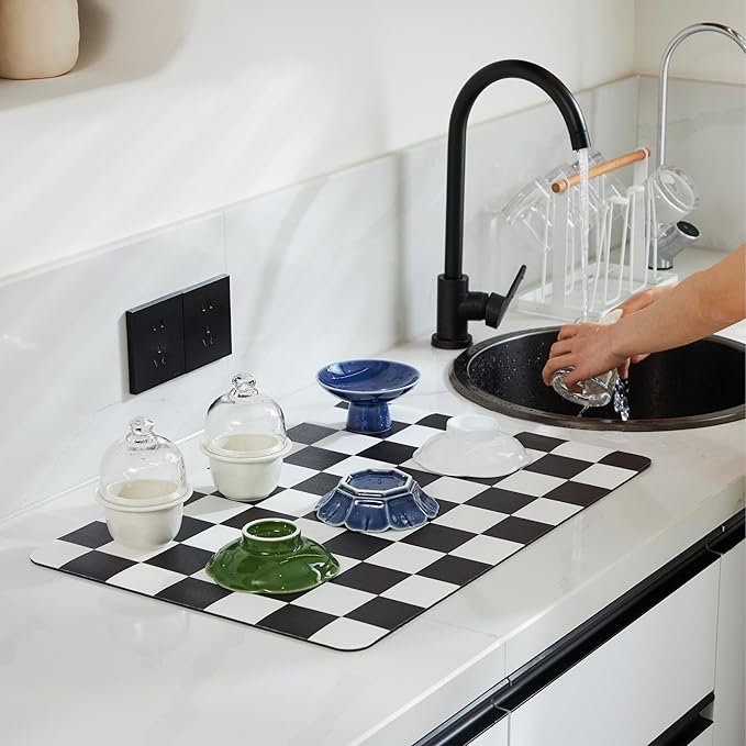 Ohocut Checkered Dish Drying Mat for Kitchen Counter, Coffee Bar Station Accessories, Retro Cute Aesthetic Modern Absorbent Drainer Mat Kitchen Drying Mat Easy Clean, Black 16" x 24" - Image 2