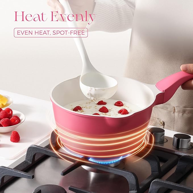 PRICUSIS Nonstick Saucepan with Lid, 2.7 Quart Non Toxic Pot with Pour Spouts, Full Coated, 100% Dishwasher Safe, Induction Compatible & Oven Safe, PTFE, PFOA & PFAS Free, Raspberry Red - Image 7