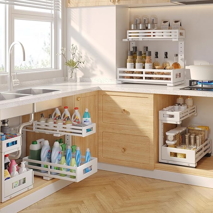 1-Pack Under Sink Organizers and Storage,2-Tier L Shape Pull Out Cabinet Organizer With Round Tube Slide Rails,Hight Adjustable Slide Out Drawers for Kitchen&Bathroom,Multi-Purpose Storage Shelf-White - Image 6