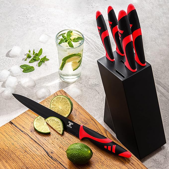 Moss & Stone 7-Piece Kitchen Knife Set with Block – Black Titanium Plated Stainless Steel Kitchen Knives, High Carbon Blades, Compact Cutlery Set for Home Cooking, Small Knife Set Black Wood Block - Image 6