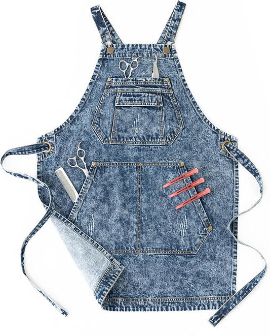 Jeanerlor - Cotton Denim Apron with Pockets for Men - Jean Apron for Hairstylis Cross Straps & Adjustable L to XXL (Denim Blue) by Jeanerlor