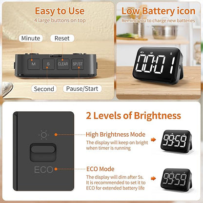 VOCOO Magnetic Kitchen Timer for Cooking with Count Up Countdown, Digital Timer Battery Powered with Large Display, 2 Brightness and Volume Levels for Classroom, Teacher, Kids (Dark Black) - Image 5