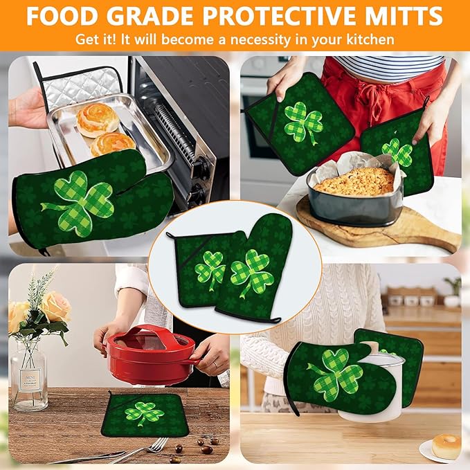 Green Clover Oven Mitts and Pot Holders Sets 4Pcs,Extra Long Oven Gloves Potholder for Kitchen Cooking Baking BBQ 100% Cotton Heat Resistant(St. Patrick's Day) - Image 7