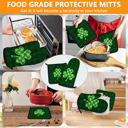 Green Clover Oven Mitts and Pot Holders Sets 4Pcs,Extra Long Oven Gloves Potholder for Kitchen Cooking Baking BBQ 100% Cotton Heat Resistant(St. Patrick's Day) - Image 7