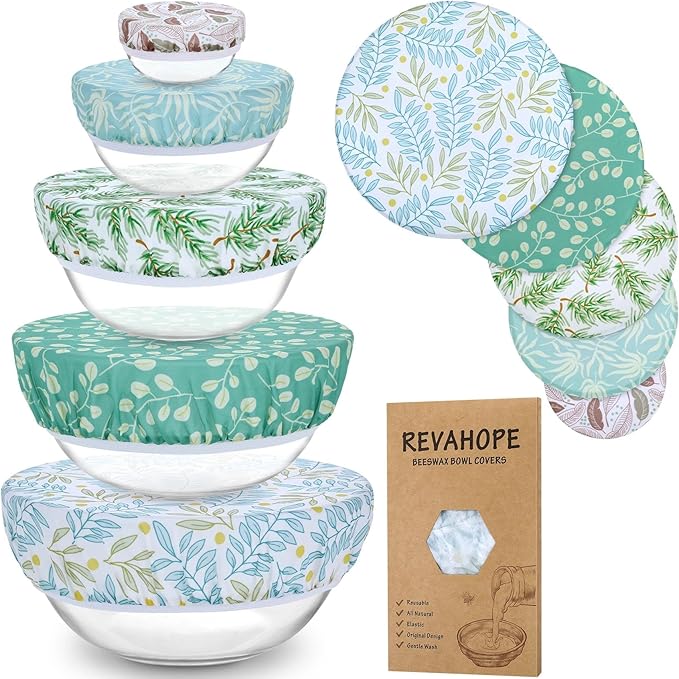 5-Size Reusable Beeswax Bowl Covers for Bread Proofing, Cotton Cloth Flexible Beeswax Wraps for Food Storage(Green Leaves) by Revahope