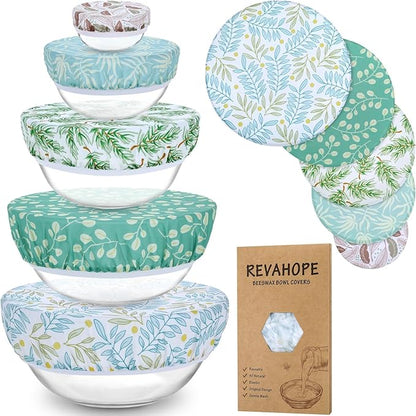 5-Size Reusable Beeswax Bowl Covers for Bread Proofing, Cotton Cloth Flexible Beeswax Wraps for Food Storage(Green Leaves) by Revahope