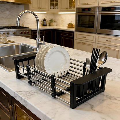 Stainless Steel Expandable Over Sink Dish Drying Rack | 11.4–18.5 inch Adjustable Drain Rack | Heavy-Duty 44LBS Capacity | Durable ABS Kitchen Organizer