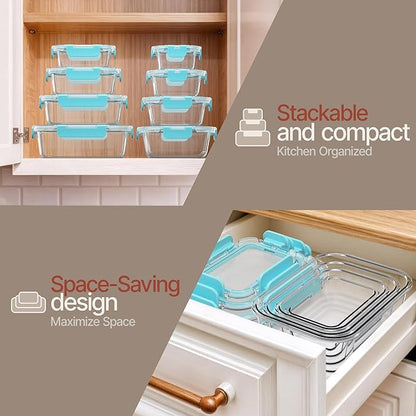 Bakken Borosilicate Glass Food Storage Containers with Lids 24 Pieces, BPA-Free Stackable Lunch & Leftover Containers, Microwave, Freezer & Dishwasher Safe, 100% Airtight Leak-Proof, Aqua