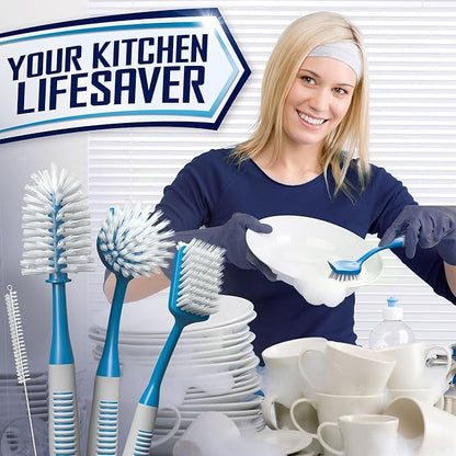 Dish Brush Set of 4 - Kitchen Scrub Brushes with Non-Slip Long Handle for Cleaning, Scrubber, Dishwashing, Dishes, Bottles, Straws, Cups, Pots & Sink, Blue - Image 7