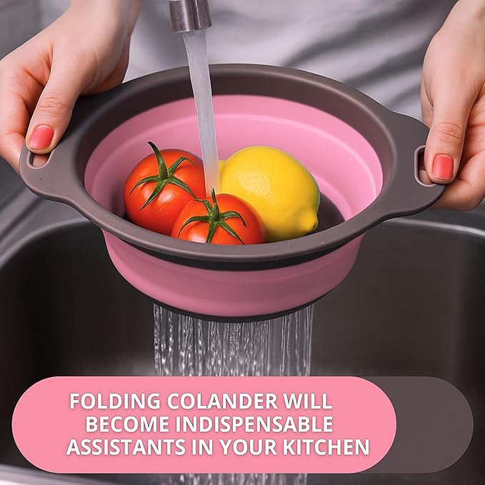 Pink Round Silicone Collapsible Colander – Small Silicone Round Kitchen Strainers with Plastic Handles Foldable Kitchen Strainer Perfect for Draining Pasta Vegetable and Fruit - Image 7