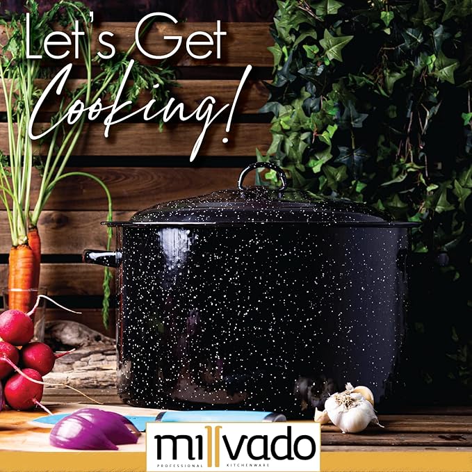 Millvado Granite 21 Qt Stockpot, Nonstick Soup Pot With Lid, Speckled Enamel Ware Cookware, Large Stock Pot For Boiling and Cooking, Big Granite Cooking Pot for Stovetop, Campfire, Outdoor Stove