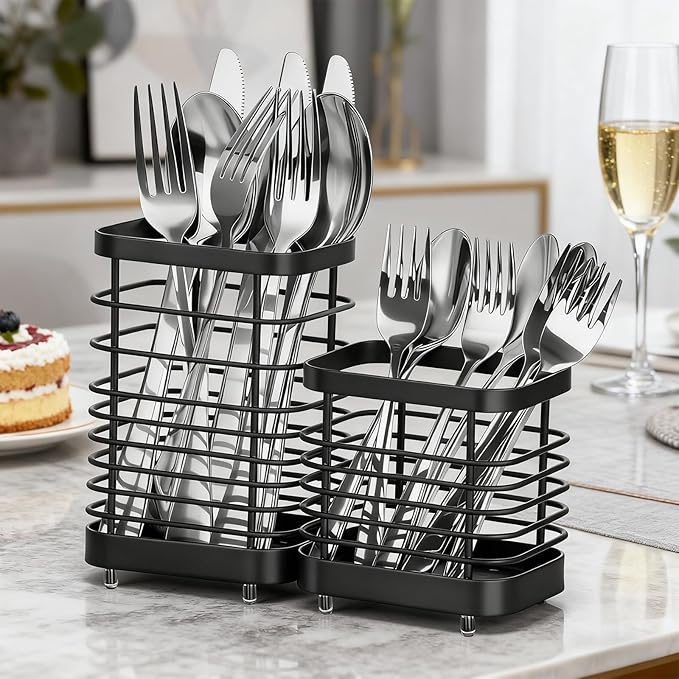 Utensil Holder, Stainless Steel Utensil Drying Rack for Kitchen Counter, Silverware Cutlery Flatware Holder Forks, Knives, Spoons, Chopsticks Organizer (Black) - Image 8