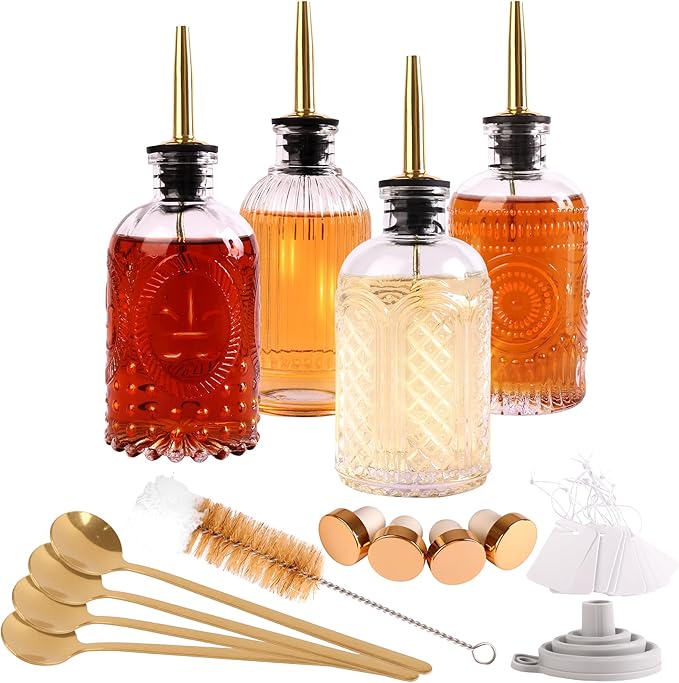 Glass Syrup Dispenser Set - 4 Pack 7oz Bottles with Metal Pour Spouts, Stoppers, Spoons for Coffee, Tea, Vanilla, Caramel, Honey by Furnizone