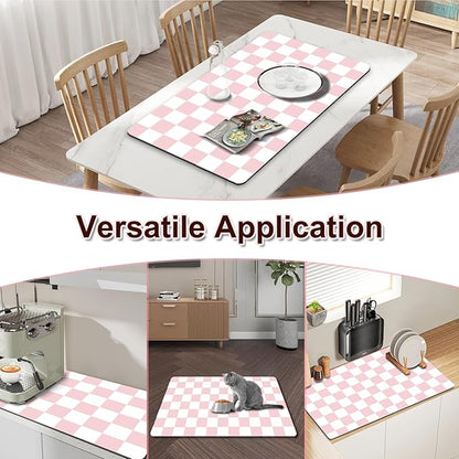 Dish Drying Mat for Kitchen Counter, 12" x 20" Checkered Coffee Bar Mat for Espresso Machine, Absorbent and Stain-Resistant Countertop Protector, Non-Slip Rubber Back Drying Pad, Pink & White