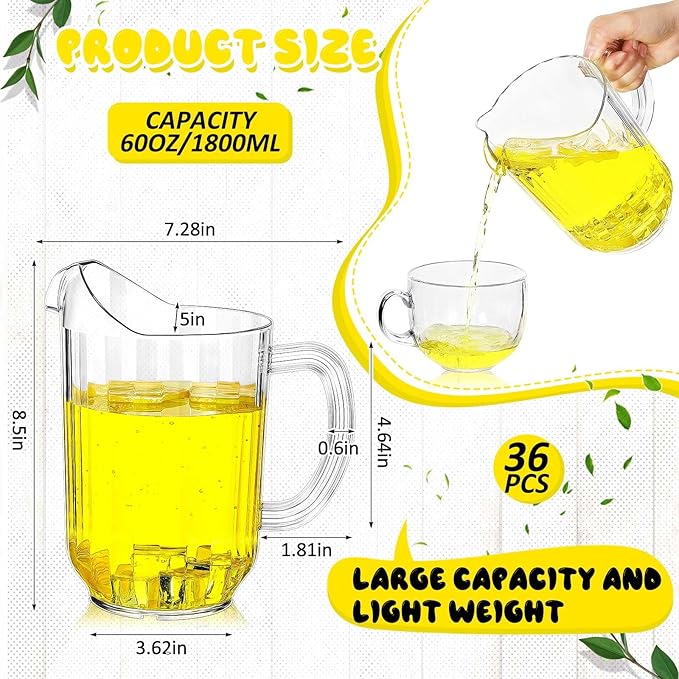 Tessco for you 36 Pcs Plastic Pitchers 60 Ounce Clear Restaurant Jug Large Water Pitcher Carafe Serve Milk Tea Juice Drink for Parties Container Dispenser Beer Jar (Classic) - Image 2