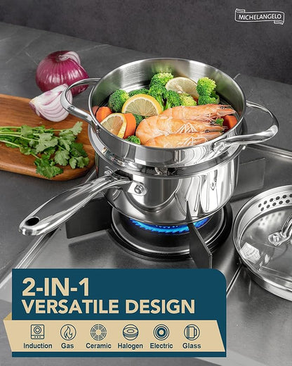 MICHELANGELO Stainless Steel Sauce Pot Set with Steamer 5Pcs, 18/10 Saucepan Set with Pour Spout & Strainer Glass Lids, Sauce pan with Triply Bottom Induction Compatible - 1QT & 2QT - Image 2