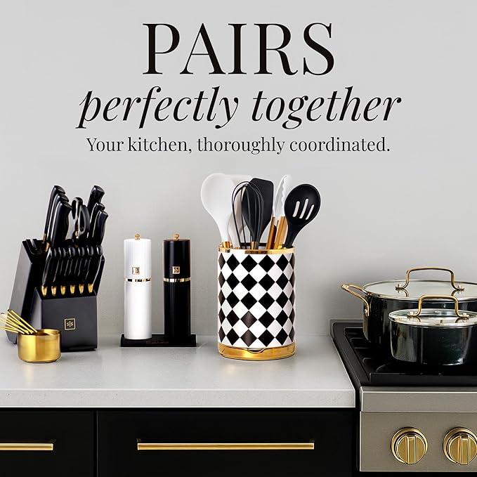 STYLED SETTINGS Black & White Checkered Utensil Holder Set – Large Ceramic Kitchen Utensil Holder for Countertop with Gold Spoon Rest – Stylish Checkered Kitchen Decor & Organizer - Image 6