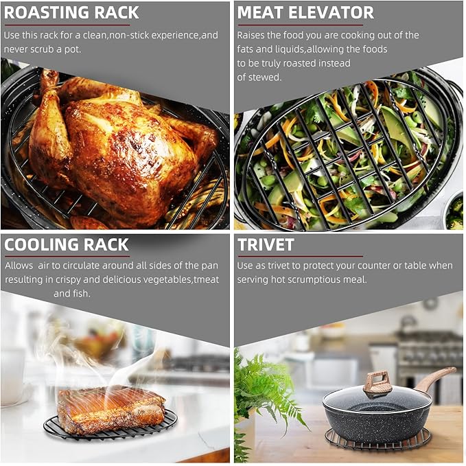 DIMESHY Roasting Rack, Black with Integrated Feet, Enamel Finished, Nonstick, fit for 13 inches oval roasting pan, safety, dishwasher, Great for Basting, Cooking, Drying, Cooling rack.(10”x 6.5”)