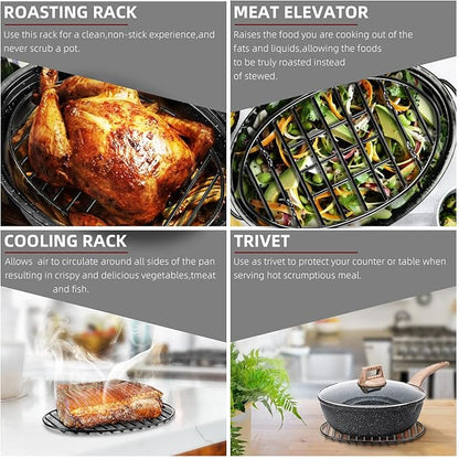 DIMESHY Roasting Rack, Black with Integrated Feet, Enamel Finished, Nonstick, fit for 13 inches oval roasting pan, safety, dishwasher, Great for Basting, Cooking, Drying, Cooling rack.(10”x 6.5”)