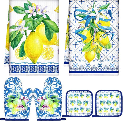 Bencailor 6 Pcs Lemon Kitchen Towels Oven Mitts and Pot Holders Set Decorative Dish Towels Tea Washcloth Non Slip Heat Resistant Oven Gloves for Summer Home Cooking Baking, Blue, Gold by Bencailor