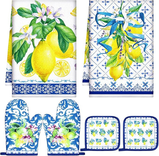 Bencailor 6 Pcs Lemon Kitchen Towels Oven Mitts and Pot Holders Set Decorative Dish Towels Tea Washcloth Non Slip Heat Resistant Oven Gloves for Summer Home Cooking Baking, Blue, Gold by Bencailor