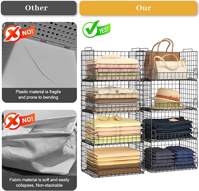 4-Tier Stackable Closet Organizers and Storage Basket - Foldable Closet Shelf Organizer System, Sturdy Metal Space-Saving Clothes Storage Bins for Wardrobe, Black - Image 5