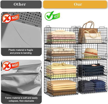 4-Tier Stackable Closet Organizers and Storage Basket - Foldable Closet Shelf Organizer System, Sturdy Metal Space-Saving Clothes Storage Bins for Wardrobe, Black - Image 5