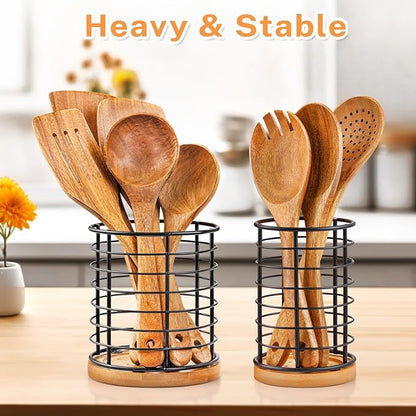 hunnycook 2-Piece Utensil Holders - 5.1*5.1*5.8 and 3.7*3.7*5.8 inches Kitchen Utensil Holders, Metal Black Crocks with Wooden Base, Easy to Drain - Image 4