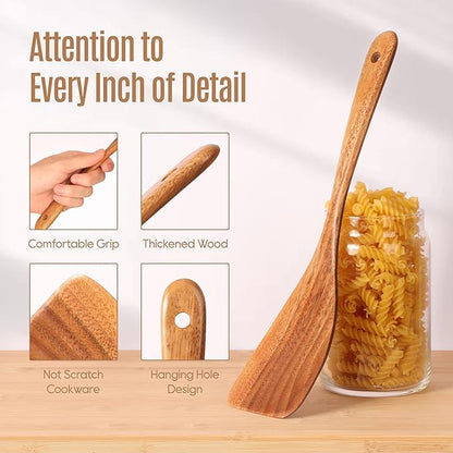 7 PCS Wooden Spoons for Cooking Natural Teak Kitchen Utensils Smooth Non-Stick Surface Cooking Utensils Set Soft Comfort-Grip Wooden Utensils for Cooking - Image 3