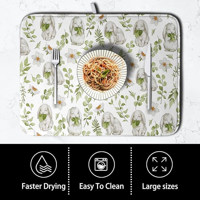 Easter Bunny Floral Drying Mat for Kitchen Counter Spring Easter Rabbits Green Leaves Dry Dish Mat Absorbent Microfiber Dish Draining Washable Dish Drainer Rack Mat Large 18x24 Inch - Image 4