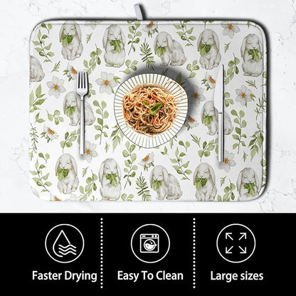 Easter Bunny Floral Drying Mat for Kitchen Counter Spring Easter Rabbits Green Leaves Dry Dish Mat Absorbent Microfiber Dish Draining Washable Dish Drainer Rack Mat Large 18x24 Inch - Image 4