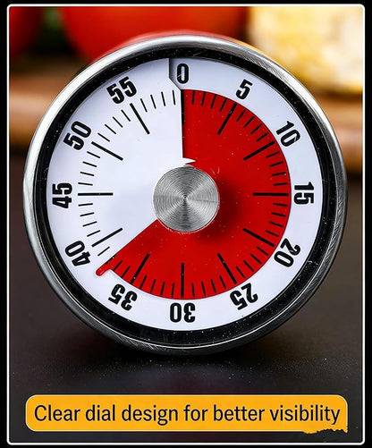 Mechanical Kitchen Timer, 60-Minute Wind Up Countdown Timer with Magnetic Back, Stainless Steel, Loud Alarm, Red White for Cooking Baking Classroom