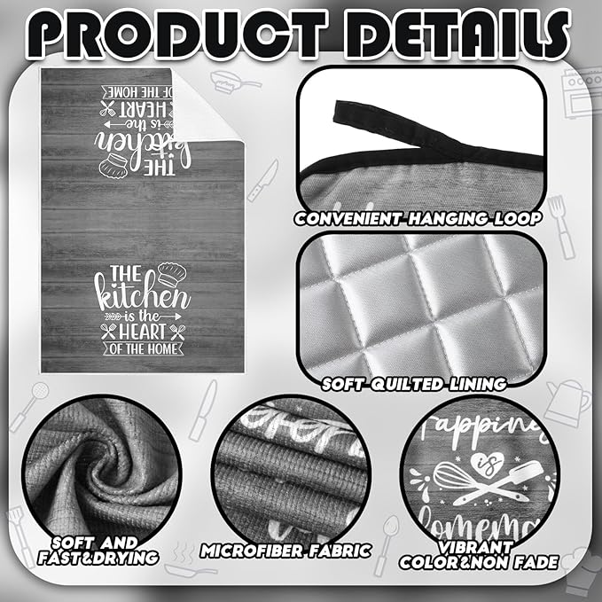 Sratte 6 Pcs Kitchen Decor Accessories Set Farmhouse Towels Pot Holders Oven Mitts Set 2 Dish Towels 2 Potholders 2 Cooking Mittens Oven Glove for Christmas Baking Cooking (Dark Gray) - Image 6