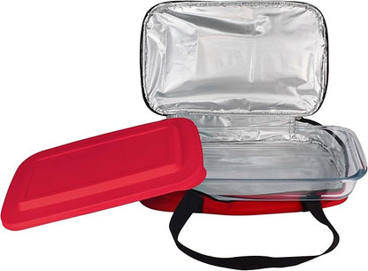 HW1236 Glass Casserole with Insulated Bag, Ideal for Picnic, Potluck, Hiking & Beach Trip-Retains Hot and Cold Temperature of Food, Overall12 "x 7.5"x2 "- Red