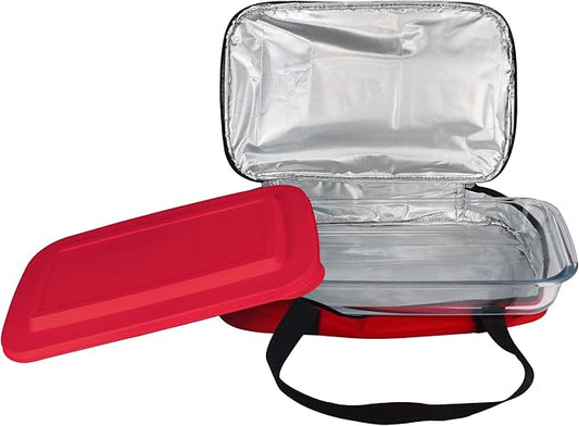 HW1236 Glass Casserole with Insulated Bag, Ideal for Picnic, Potluck, Hiking & Beach Trip-Retains Hot and Cold Temperature of Food, Overall12 "x 7.5"x2 "- Red