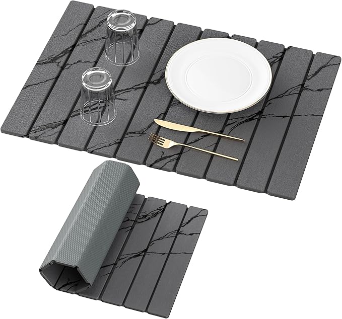 Yofidra Large Stone Dish Drying Mat for Kitchen Counter, Quick Dry Stone Mats with Absorbent Diatomaceous Earth, Foldable Roll Up Drying Organizer Pad for Utensils Plate, 24"×16", Dark Gray Marble by Yofidra