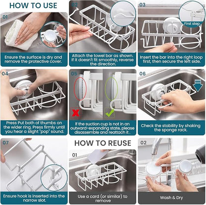 TAILI 4-in-1 Sponge Holder for Kitchen Sink with Strong Suction Cup Removable, Rustproof Stainless Steel Sink Caddy for Sponge, Brush, Scrubber, Scraper -White