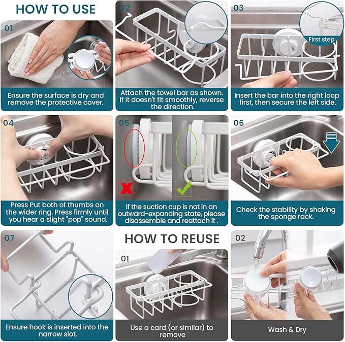 TAILI Sponge Holder with Strong Suction Cup, 4-in-1 Rustproof Sink Organizer - Sink Caddy Holds Sponges, Brushes, Stoppers & Scrapers -White - Image 8