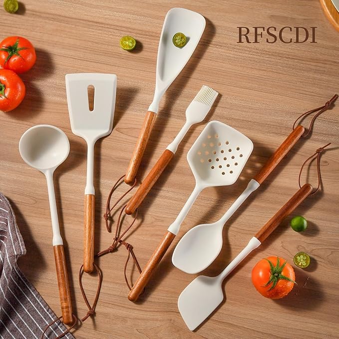 White Silicone Cooking Utensils Set, Kitchen Utensils Set 7 Pcs for cooking, Non-Toxic Spatula Set with Heat Resistant Wood Handles for Nonstick Cookware, (Cream White) - Image 2