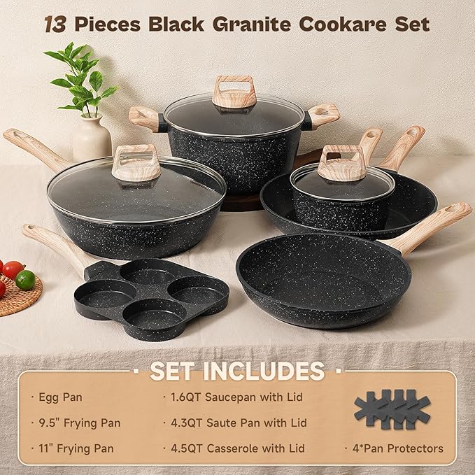 13 Pcs Pots and Pans Set, Nonstick Cookware Sets Black Granite Induction Cookware, Non-toxic Healthy Non stick Kitchen Cooking Set with Frying Pans Set, Saucepans (PFAS/PFOA/PFOS Free) - Image 2