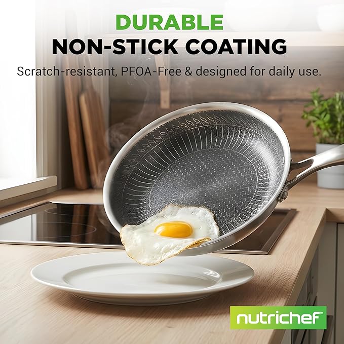 NutriChef 8-Piece Triply Cookware Set Stainless Steel - Triply Kitchenware Pots & Pans Set Kitchen Cookware, Non-Stick Coating - Sauce Pot, Stew Pot, Cooking Pot, Frying Pan, Lids