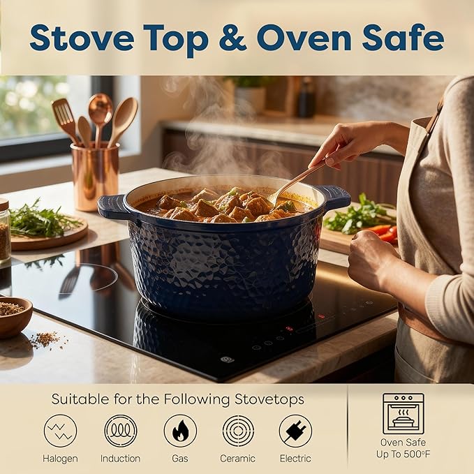Gotham Steel Hammered 5 Qt Lightweight Dutch Oven Pot with Lid & Holders, Ceramic Non Toxic, Oven Safe & Even Heat Retaining Dutch Oven for Bread Baking Sourdough, Soup, 70% Lighter than Cast Iron - Image 7